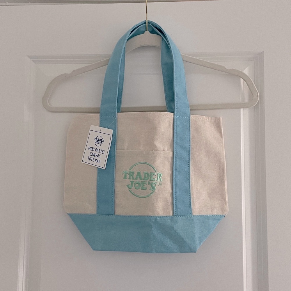 Trader Joe’s Tote Bag Canvas Embroidered Ecru Blue